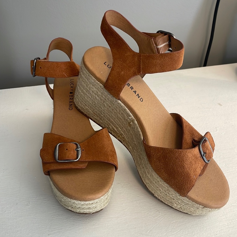 Lucky Brand Naveah Ankle Strap Buckle Espadrille Open Toe Wedges